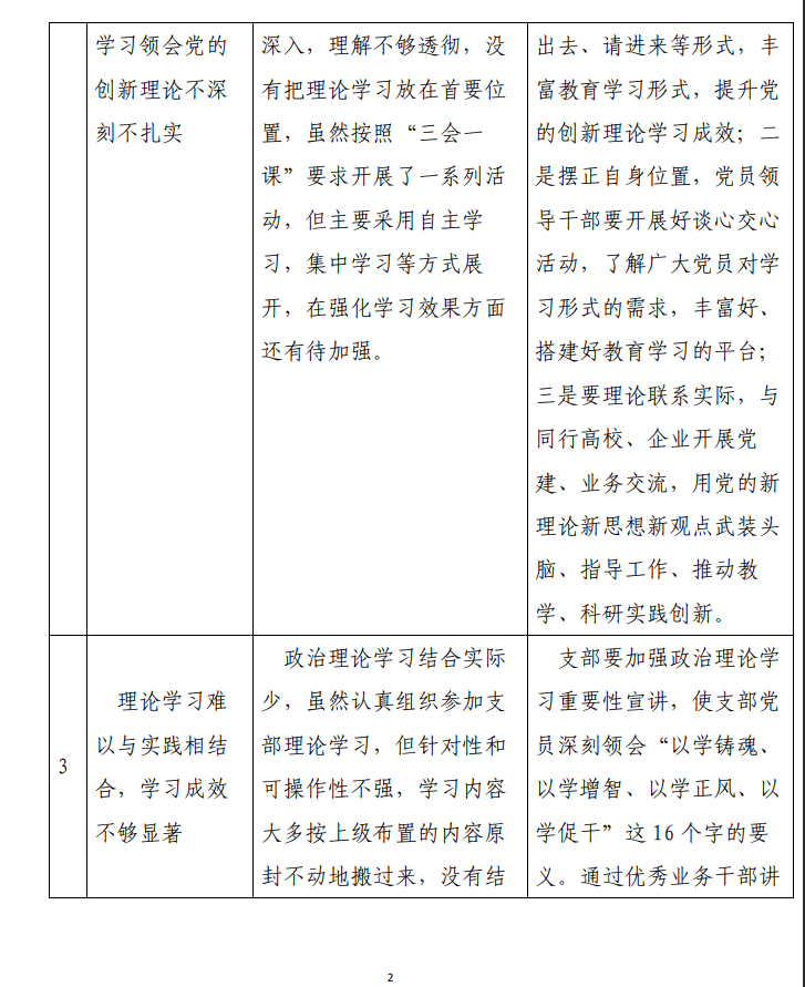 高校党支部主题教育问题清单及整改措施表格