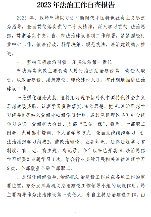 2023年法治工作自查报告范文参考_纵横材料网